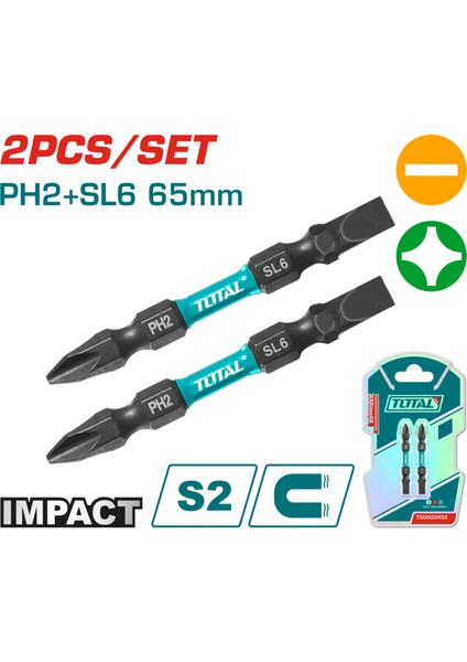 Darbeli 65MM 2 Li Çift Taraflı Ph2+Sl6 Bits