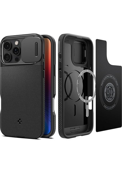 iPhone 16 Pro Kamera Korumalı Magsafe Kılıf Optik Armor Hava Kanalı Teknolojisi™ Askeri Sınıf Koruma Magfit Black Dokulu Yüzey Kapak - ACS08149