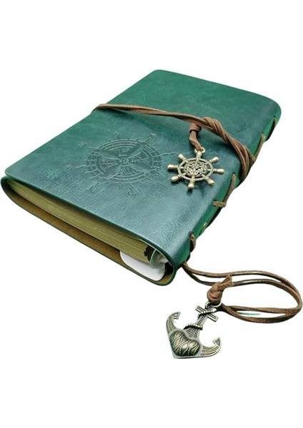 Pusula Baskılı Çapa ve Dümen Kolye Uçlu Deri Kapaklı Günlük Not Defteri Denizci Defter Özel Tasarım Hediyelik Yeşil