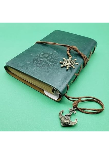 Pusula Baskılı Çapa ve Dümen Kolye Uçlu Deri Kapaklı Günlük Not Defteri Denizci Defter Özel Tasarım Hediyelik Yeşil fiyatları