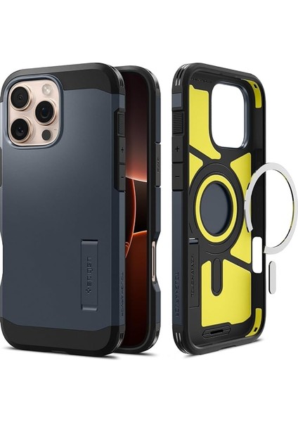 iPhone 16 Pro Max Ekstra Dayanıklı Magsafe Kılıf Tough Armor Ai Hava Kanalı Teknolojisi™ Askeri Sınıf Koruma Magfit Kickstand'lı Metal Slate Çift Katman Kapak - ACS08014