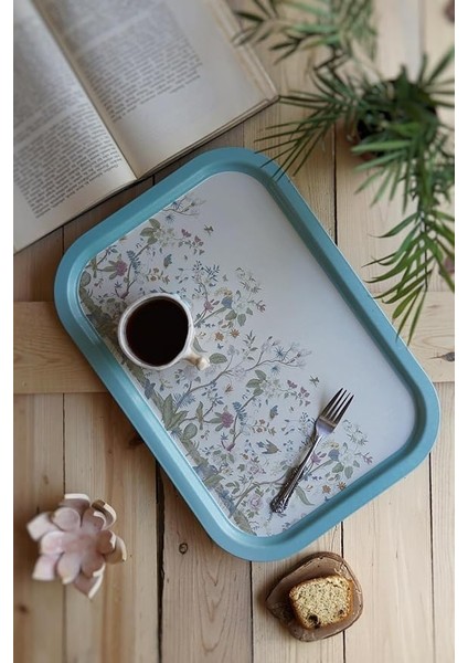 Desenli Metal Tepsi - Çay Kahve Tepsisi - Sunum Tepsisi 28 cm x 40 cm (Botanica Blue)