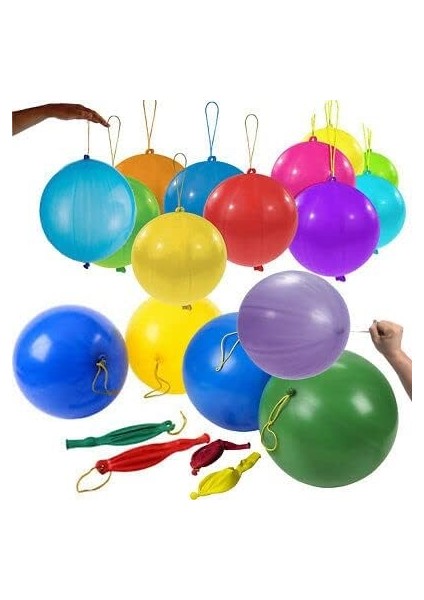 10 Adet Lastikli Zıpzıp Balon Ipli Punch Panç Büyük Balon