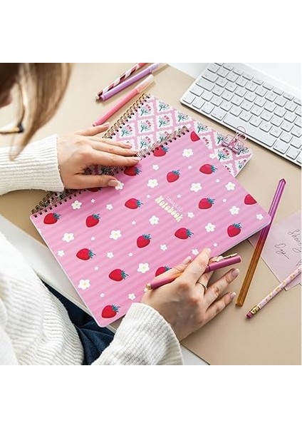 A4 Spiralli Karton Kapak 2’li Set Düz Çizgisiz Okul Defteri 80 Yaprak, Ders Programlı Çilek indirimleri