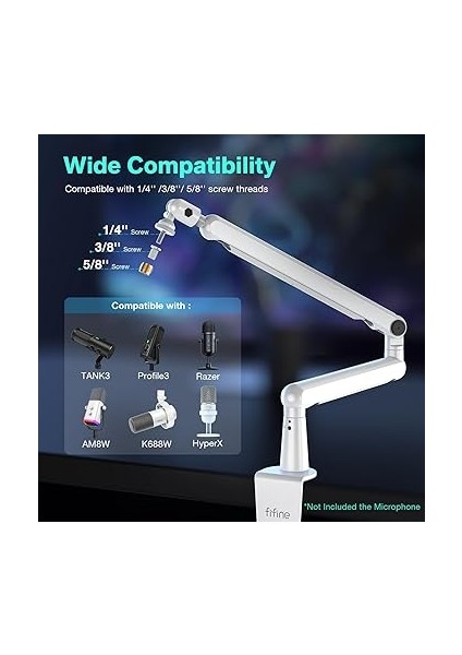 Mikrofon Standı, Mikrofon Bom Kol Standı, Masa Montajlı Düşük Profilli Podcast Makas Süspansiyon Standı, Kablolar Kanal Yönetimi, Kayıt, Akış, Oyun Için Metal Kol STANDI-BM88 Beyaz fırsatları