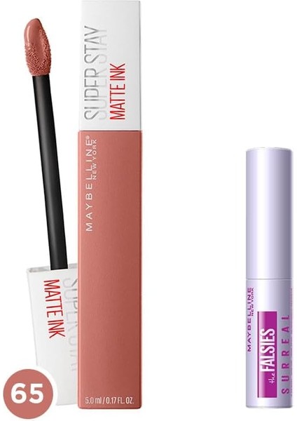 New York Super Stay Matte Ink Likit Mat Ruj - 65 Seductress (Nude) &amp; Mini Falsies Surreal Maskara 4.7 ml Makyaj Seti