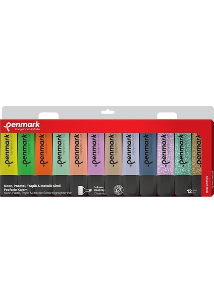 Fosforlu Kalem 12'li Asetat Karışık Renk 3 Neon ve 3 Pastel ve 3 Tropik ve 3 Simli