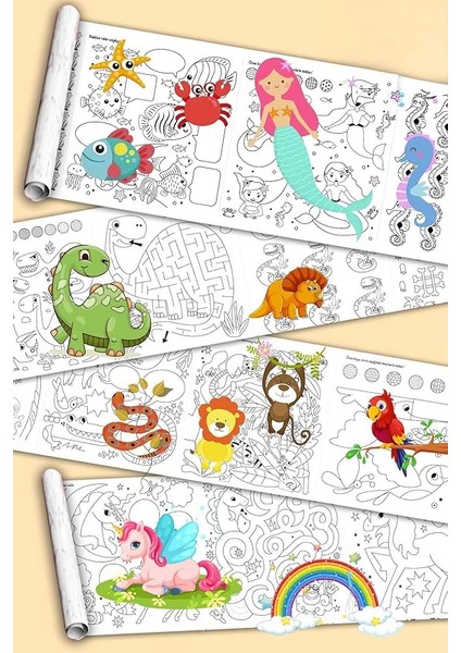 Çiz, Boya, Kes - Dev Boyama Kağıdı - 4 Konsept Boyama Rulosu Büyük Boy Toplam 10 Metre Uzunluk