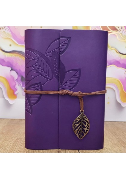 Yaprak Desenli Çizgisiz Deri Defter Mor