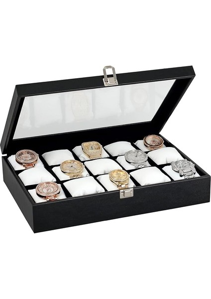 Siyah Deri 15 Li Üzeri Cam Saat Kutusu ST15-26