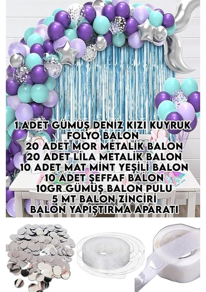Dolabı 60 Balonlu Gümüş Deniz Kızı Kuyruk Folyo Balonlu Balon Zinciri Doğum Günü Süs Dekorasyon Seti