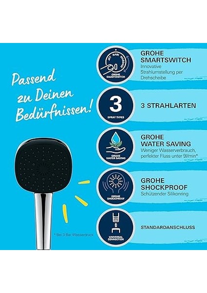 Vitalio Comfort 110 El Duşu, 3 Akışlı (Masaj, Yağmur &amp; Jet), Smartswitch, 110MM Kare Duş Başlığı, Silikon Halka, Kireç Önleyici Sistem, Krom, 26092001 indirimleri