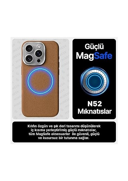 iPhone 16 Pro Için Magsafe ile Uyumlu Çizilmeyen ve Parmak Izi Tutmayan Deri Görünümlü Metal Tuşlu ve Metal Lens Çerçeveli Hybrid Silikon Kılıf (Taba, 16 Pro) modelleri