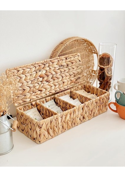 El Yapımı Doğal Hasır Dikdörtgen Çok Amaçlı 4 Bölmeli Kapaklı Dolap Düzenleyici (40X15X10CM)