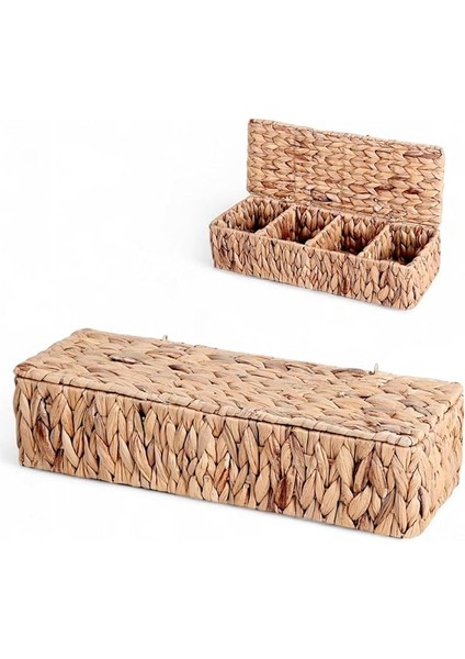 El Yapımı Doğal Hasır Dikdörtgen Çok Amaçlı 4 Bölmeli Kapaklı Dolap Düzenleyici (40X15X10CM) indirimleri