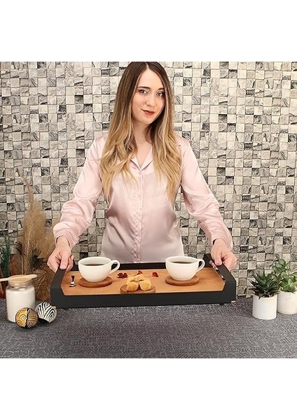 Büyük Ham Renk Servis ve Sunum Tepsisi, Metal Kulplu Ahşap Tepsi - 48,5X32 cm modelleri