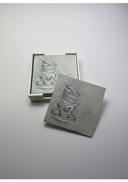Ahşap Bardak Altlığı Seti (Kutulu - Vintage Fincan Desenli)