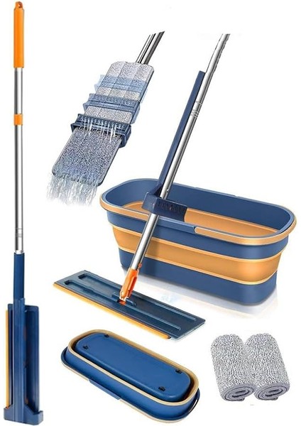 Kendinden Sıkmalı Mop ve Tekerlekli Katlanabilir Kova Seti 1 Adet Yedek Mop Hediyeli Lüks Mop Seti Silikon Kova Temizlik Seti Büro Ofis Ev