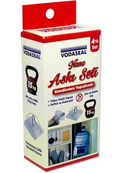 Nano Askı Seti, Kendinden Yapışkanlı, Süper Güçlü Yapıştırıcı, 15 kg Ağırlık Kapasiteli, 4'lü Set