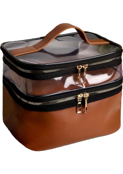 Taba Deri Kadın Makyaj Çantası Şeffaf Pratik Şık Çift Bölmeli Fermuarlı Kozmetik Makyaj Organizeri