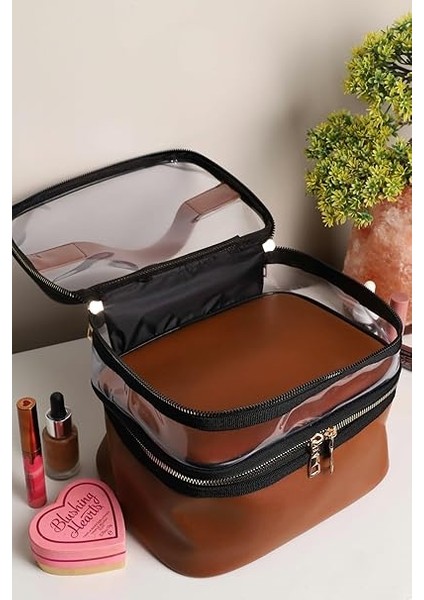 Taba Deri Kadın Makyaj Çantası Şeffaf Pratik Şık Çift Bölmeli Fermuarlı Kozmetik Makyaj Organizeri indirimleri