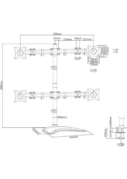 DA-90364 Evrensel Dört Kat Monitör Tutucu Stand/kelepçeli Montaj Siyah fırsatları