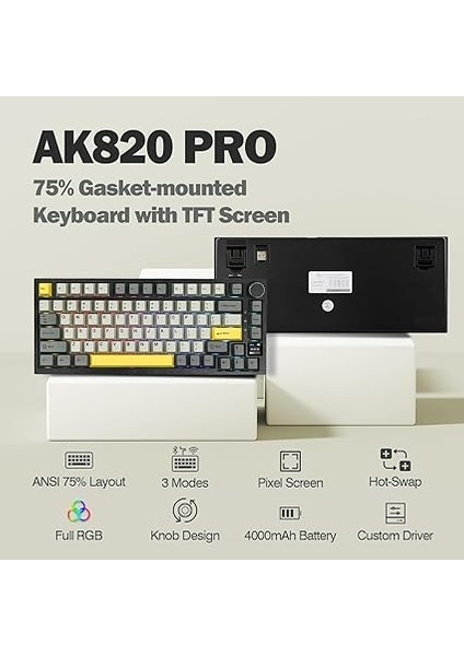 Ajazz AK820 Pro 3 Modlu%75 Mekanik Klavye, Tft Akıllı Ekran ve Düğmeye Sahip Gasket-Mounted Oyuncu Klavyesi, Bluetooth 5.1/2.4g Kablosuz/type-C Kablolu (AK820 Pro - Sarı Siyah - Gift Switch) indirimleri