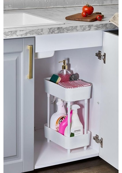Katlı Raf Çok Amaçlı 2 Katlı Evye Altı Düzenleyici Dolap Içi Tezgah Altı Banyo Mutfak Organizer (Beyaz)