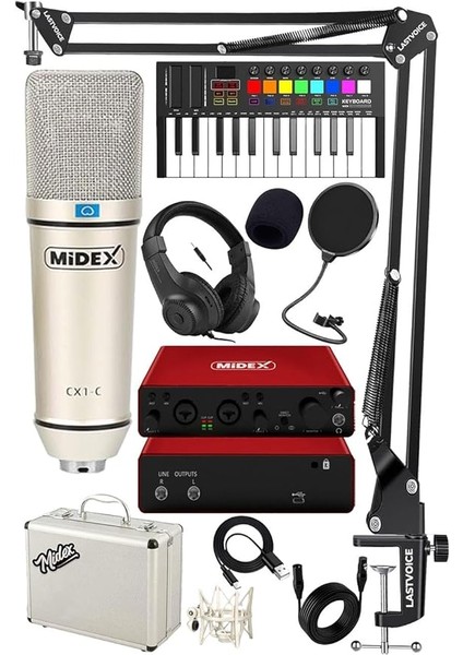 Midi Paket-3 Stüdyo Ekipmanları Seti Ses Kartı Midi Klavye Mikrofon Kulaklık