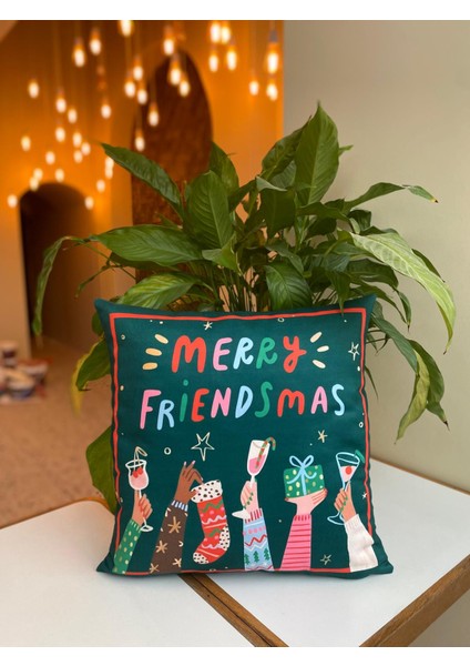 Merry Friendsmas Yazılı Yılbaşı Temalı Kırlent Kılıfı - Yılbaşı Kırlent Kılıfı - Christmas Kırlent Kılıfı