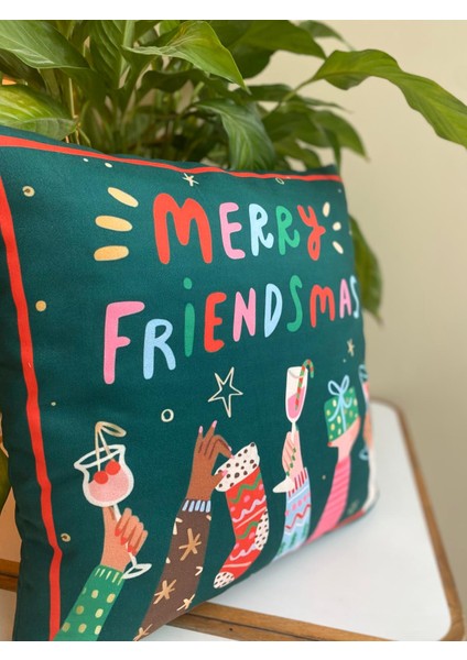 Merry Friendsmas Yazılı Yılbaşı Temalı Kırlent Kılıfı - Yılbaşı Kırlent Kılıfı - Christmas Kırlent Kılıfı modelleri