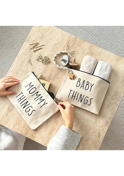 Anne Bebek Kanvas Çanta Seti - Clutch Seyahat Bakım ve Makyaj Çantası - 2'li Mommy Baby Set