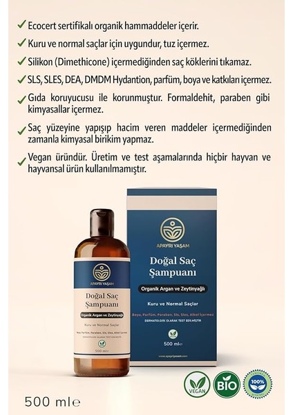 Yaşam Organik Argan ve Zeytinyağı Özlü Kuru ve Normal Saçlar Için Besleyici ve Onarıcı Şampuan 500 ml fiyatları