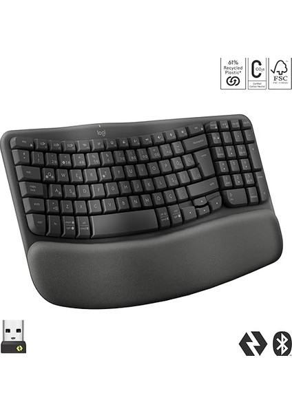 Wave Keys Kablosuz Dolgulu Avuç Içi Destekli Ergonomik Klavye, Konforlu Doğal Yazma, Easy-Switch, Bluetooth, Logi Bolt Alıcı, Çoklu Işletim Sistemleri, Windows/mac Için, Türkçe Q, Siyah fiyatları
