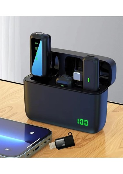 Sx6 Iphone ve Type-C Uyumlu Kablosuz Yaka Mikrofonu Göstergeli LED Şarj Kutulu Gürültü Azaltma