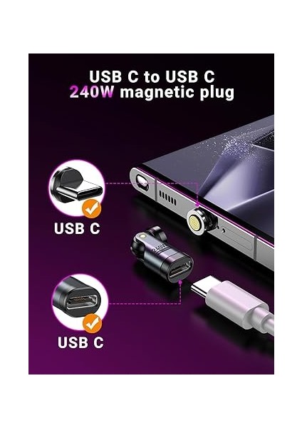 240 W USB C Mıknatıslı Adaptör, 9 Pinli Manyetik Adaptör (2'li Paket), 540° Dönme Tip C Manyetik Adaptör, Pd 240 W 5 A Hızlı Şarj, Veri Transferi, MacBook Pro/usb-C Dizüstü Bilgisayar Için indirimleri