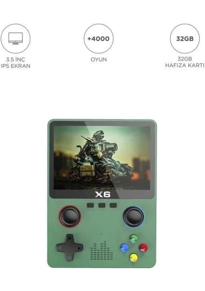 X6 Yeşil 4000+ Klasik Oyunlu 3.5 Inç IPS Ekran Kablosuz Atari Retro Oyun Konsolu