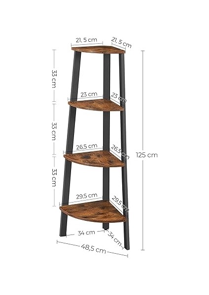 Köşe Rafı, Ayaklı Raf, Kitaplık, 4 Raflı Merdiven Rafı, Kolay Montaj, Sağlam Çelik Çerçeve, Oturma Odası, Yatak Odası, Balkon, Endüstriyel Tasarım, Eski Kahverengi-Siyah LLS34X modelleri
