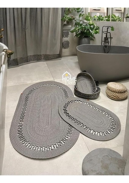 Jüt Banyo Paspas Takımı ve Sepet - Kaymaz Taban, Süper Emici, Makinede Yıkanabilir, Doğal Hasır Görünümlü Dekoratif Banyo Paspası (50X80 cm &amp; 40X60 cm Paspas, 30X20X10 cm Sepet) (Gri)