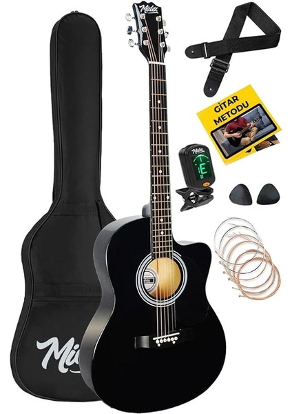 RG-540BK Kaliteli Kesik Kasa Siyah 40 Inç Akustik Gitar Seti 4/4 Yetişkin
