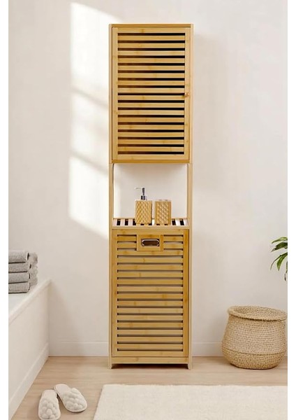 Bambu Kirli Sepetli 1 Raflı Kapaklı Banyo Dolabı Banyo Düzenleyici Çamaşır Sepeti Organizer DB-0010