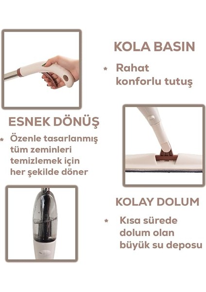 13279 Deterjan Hazneli 360 Derece Dönebilen Sprey Mop Yedek Bezli Temizlik Paspası - Krem indirimleri