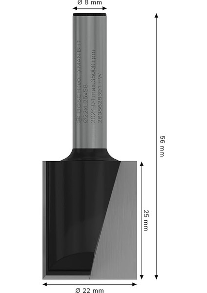 2 608 628 Aksesuarı 391 Kesici 8 Mm, D1 22 Mm, L 25 Mm, G 56 mm modelleri
