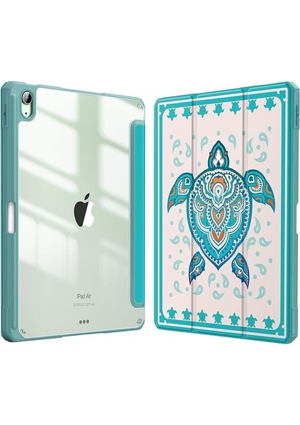 iPad Air 11" M3 (2025) / M2 (2024), iPad Air 5. (2022) / 4. Nesil (2020) 10.9 Inç Için Hibrit Ince Kılıf - Şeffaf Arka Kabuk ve Kalem Tutuculu Darbeye Dayanıklı Kılıf, Yeşil Deniz Kaplumbağası