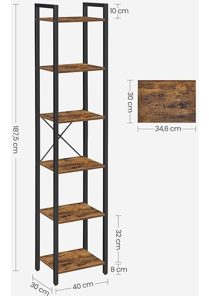 Raf, Kitaplık, Dikili Raf, DVD Rafı, 6 Seviyeli, Ofis Rafı, Açık Raflar, Ofis, Oturma Odası, Yatak Odası, Mutfak Için, 30 x 40 x 187,5 Cm, Vintage Kahverengi-Siyah LLS101B01 modelleri