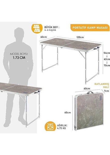 Portatif Kamp Masası, 3 Yükseklik Ayarlı, Katlanır Piknik Masası, Kolay Taşınabilir Alüminyum Masa - 120X60 - Kumaş Desenli modelleri