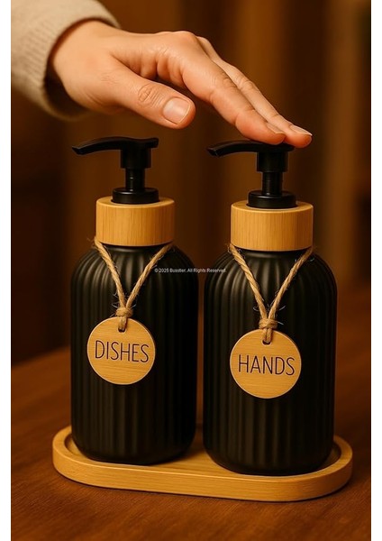 Bulaşık Deterjanlık ve Sabunluk Seti Bambu Tepsili Şık Ikili Set Siyah Beyaz Modern Tasarım Kompozit Malzemeli Mutfak Tezgah Üstü Organizer (Çizgili) fırsatları