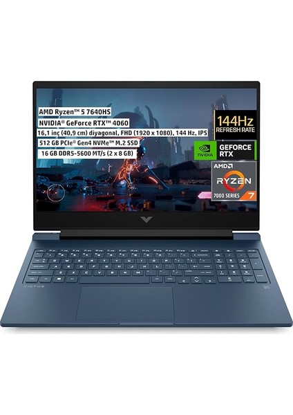 Victus Gaming Dizüstü Bilgisayar, 16,1 Inç 144 Hz Fhd Ips, Amd Ryzen 5 7640HS, 16GB Ram, Nvıdıa Geforce Rtx 4060 Dlss 3, 512 GB Ssd, Freedos, Performans Mavi, 7Z590EA