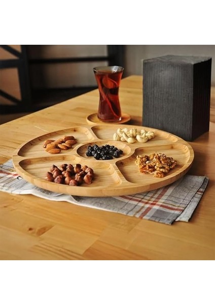 360° Dönebilen Bambu Kahvaltı, 30CM Sunum ve Çerezlik Tabağı 5 Bölmeli, Dönerli Bambu Sunum Tabağı