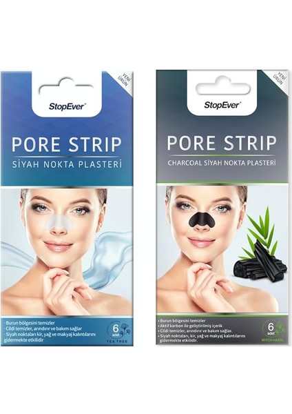 Pore Strip Siyah Nokta Bandı – 2'li Paket (Charcoal + Tea Tree) | Siyah Nokta Karşıtı | Gözenek Temizleyici | Aktif Karbon &amp; Çay Ağacı Özlü | 12 Adet